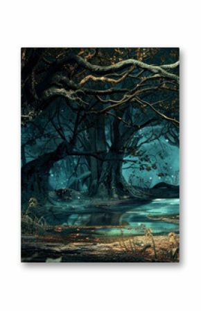 Panoramic view of scary dark forest at night, magical spooky woods with path and blue light. Gloomy landscape in fairy tale world. Concept of fantasy, nature, horror, banner