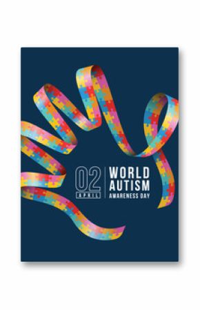 Wolrd Autism Awareness Day - Colorful jigsaw puzzle texture ribbon awareness with roll hand frame on dark blue background vector design