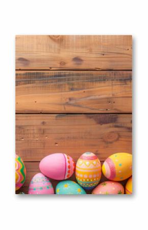 colorful painted easter eggs on  wood background. Easter frame of eggs painted in blue red yellow pink green colorful color. Flat lay, top view. Copy space for text