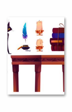 Magic school room with wizard book cartoon game. Halloween medieval magician castle interior object set. Fantasy desk, chair and chalkboard. Black cat, candle and mystery feather staff for spell