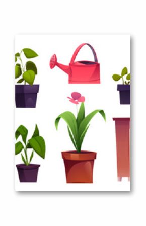 Greenhouse garden interior furniture and equipment. Cartoon vector illustration set of home and farm plants, cultivated seedlings in plastic pots, chest and wooden box, sack with grains and water can.