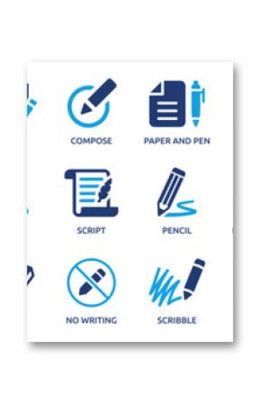 Writing icon set. Containing pen, write, pencil, note, edit, writer, document, nib, text and more. Solid vector icons collection.