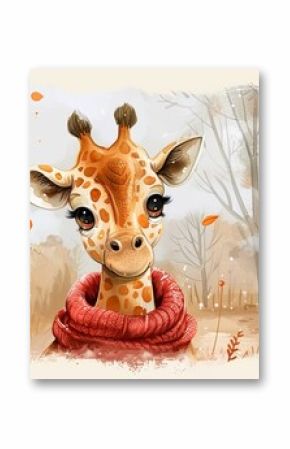 Animated cartoon character with giraffe in warm scarf, autumn illustration, good for cards and prints.