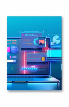 Futuristic Tech Repair Concept with Laptop, Smartphone, and Tools. Vibrant featuring digital UI,UX interfaces across devices with floating wrench and gears, symbolizing technology maintenance.