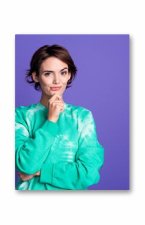 Photo portrait of attractive young woman touch chin thoughtful dressed stylish green clothes isolated on violet color background