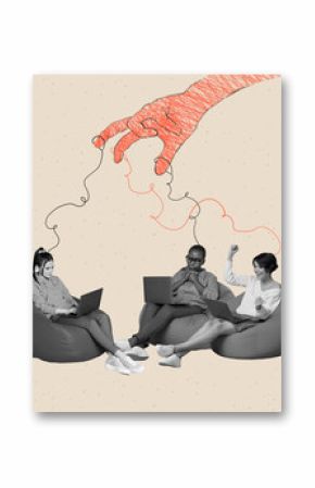 Creative collage picture sitting three collegues remote workers freelance hand manipulation pull string authority propaganda control