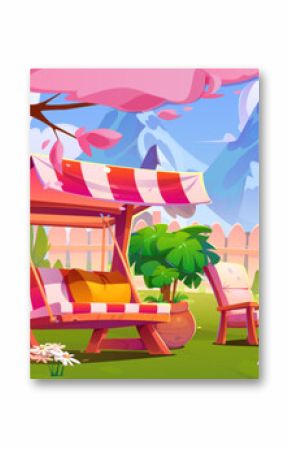 Backyard garden with fence and mountain on background. Japanese pink tree and grass on back yard near table, chair and swing. Cherry blossom scene for spring party in modern lounge environment