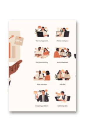 Vector illustration pack featuring 40 business concept scenes including teamwork, productivity, strategy, planning, and client collaboration.