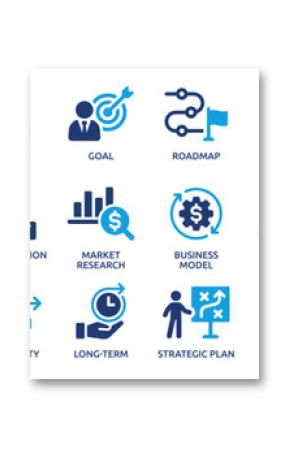 Business strategy icon set. Goal, vision, mission, planning, roadmap, business model, tactics, SWOT, competitive advantage, objectives and more. Solid vector icons collection.