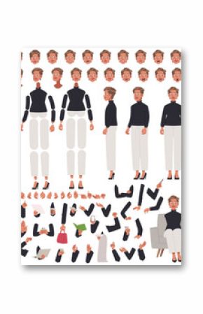 Business mature woman character constructor. CEO or entrepreneur. Set of different positions of arms legs body and head for creating animation