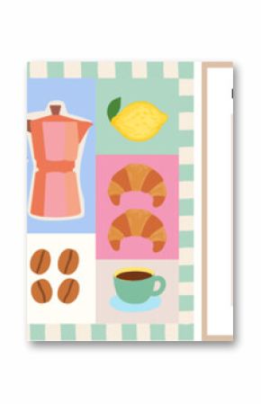 Coffee and cappuccino. Vector illustration of coffee pot, cappuccino or americano cup, croissant pastry, coffee beans, lemon for kitchen or cafe art poster, postage stamp, background or postcard