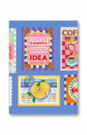 Italian and French summer Mediterranean postage stamps. Vector illustration of coffee, coffee pot, canned sardine, croissant, lobster, fish, lemon, pasta, flower, pattern for icons, poster and sticker