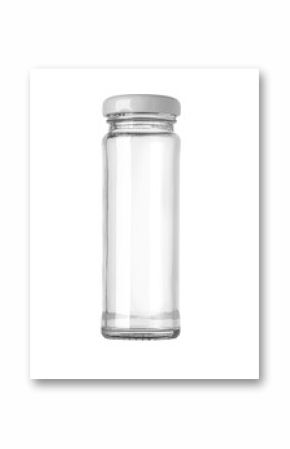 Empty glass jar with white lid standing on white background