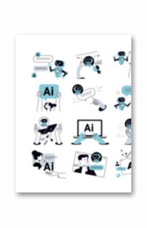 Ai chat vector illustrations. Concepts of ai chatbot, ai assistant, online communication, chat ai, app and services, Artificial Intelligence technology.