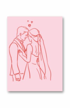 Elegant hand drawn newlyweds set. Just married couple. Cute wedding with bride and groom, wife, husband in coquette line style.Unique doodle sketched vector illustrations for invitations, anniversary.