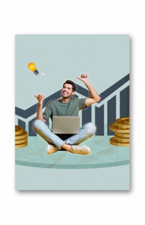 Composite zine pop trend collage of happy businesswoman businessman freelancer sit arrow coin progress statistics earnings