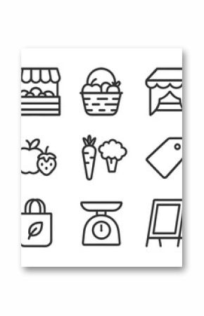 Farmers Market Icons. Outline icon set of farmers market: produce stand, basket, vendor tent, fresh fruits, vegetables, price tag,