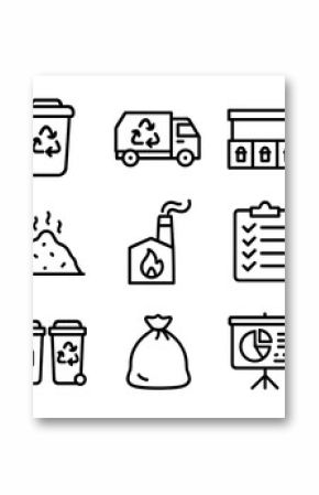 Packaging Waste Icons. Outline icon set of packaging waste management: waste bin, recycling truck, sorting station, landfill mound