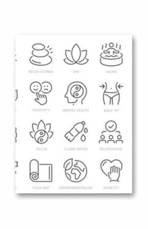 Wellness thin line icon set. Improving and restoring physical, mental and emotional health. Yoga, wellbeing, relaxation, spa, healthcare, aromatherapy - stock vector.