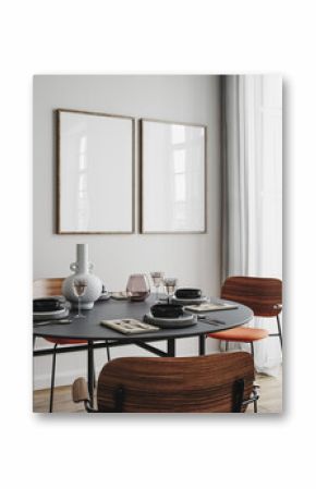 Frame mockup in home interior, cozy modern kitchen interior background, 3d render 