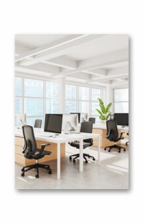 Modern open space office interior with ergonomic chairs, wooden desks, large windows, bright daylight, and minimalist design concept. 3D Rendering