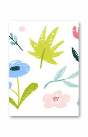 Flower crayon watercolor spring floral set. Hand drawn pastel crayon flower, leaf, plant with chalk texture. Cute nature background for kid, child, garden doodle element design. Vector illustration