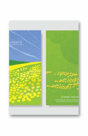 Abstract Green Summer landscape background vector set. Nature wallpaper of green field on mountain, yellow flowers, blue sky, rice. Watercolor illustration for cover, wall art, decoration.