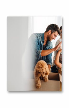 New home, box and parents with child in new house, property mortgage and real estate investment.