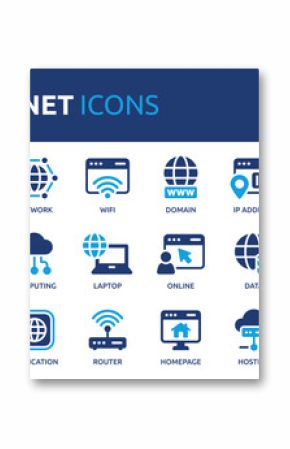 Internet icon set. Containing website, link, data, web, online, domain, technology, modem, VPN, hosting, connection and more. Solid vector icons collection.