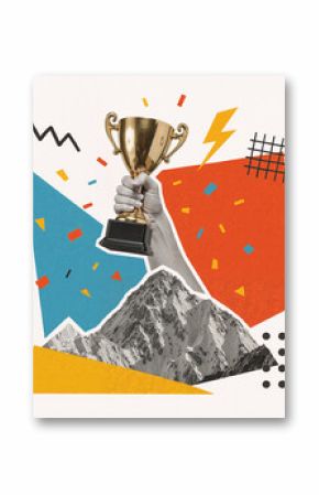 Creative collage about reaching the top and celebrating victory with a golden trophy