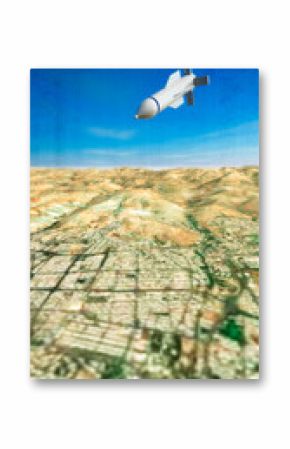The GBU-57 MOP (Massive Ordnance Penetrator) is a precision-guided, bunker buster bomb, above the skies of Tehran, Iran. The missions are reaching and destroying deep underground bunkers. 3d rendering