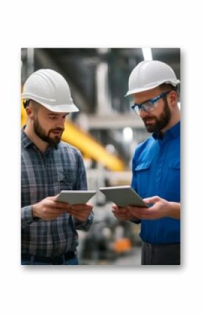 An industrial technician meeting with a tech consultant at a factory site, pointing at digital tablets