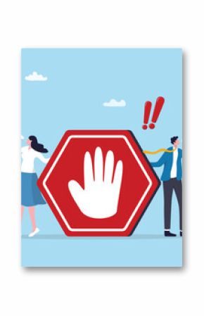 Forbidden warning, prohibition, don't do or stop rule, false or restriction, danger, bad hazard disallow message, illegal or ban concept, business people announce forbidden message with prohibit sign.