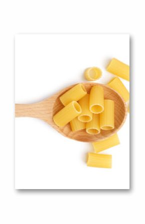 Wooden spoon with uncooked tortiglioni pasta on white background