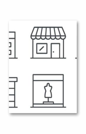 Retail and shopping outline icon set. storefront, market, commerce icons in outline style