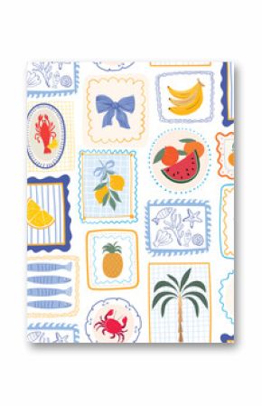 Summer whimsical stamps seamless pattern, Mediterranean style, traditional foods wallpaper, retro background