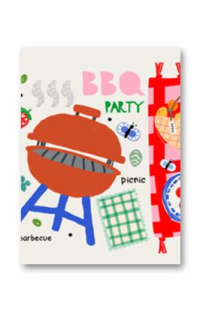 Picnic and summer barbecue party. Vector modern illustrations of BBQ in nature, checkered tablecloth on grass, sausage with fork, watermelon, basket, tomato, egg for poster postage stamp or icons
