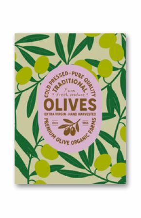 Organic Olive Pattern. Vector pattern with olives, branches and leaves. Great for food packaging, textiles, background, or eco designs.