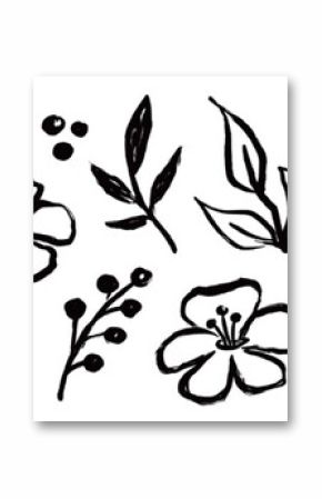 Flower brush hand drawn vector set. Hand drawn doodle flower, floral leaf elements in brush stroke ink style. Simple abstract botanical silhouette set for nature black paint art. Vector illustration