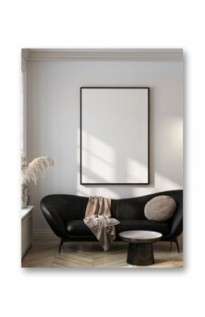 Frame mockup, ISO A paper size. Living room wall poster mockup. Interior mockup with house background. Modern interior design. 3D render 