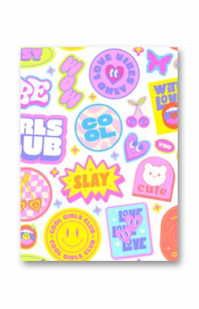 Girls Cute Stickers Set. Cool Y2k Girly Patches. Pop Smile Art Badges.