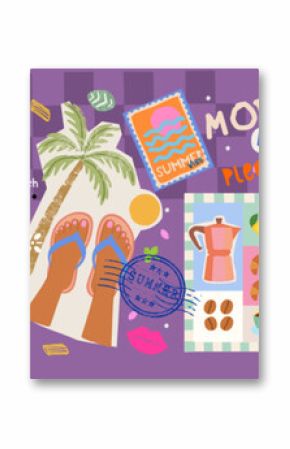 Summer. Italy. Amalfi. Vector illustration of lemon, italian pasta or macaroni poster, antique bust, sunbathing feet in flip-flops on beach, palm tree, coffee, postage stamps for icons and stickers  