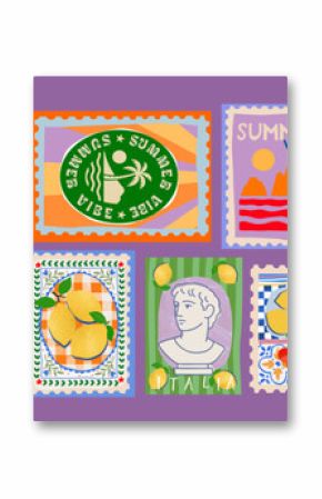 Italian summer mediterranean trendy postage stamps. Vector illustration of beach, waves doodle, canned sardine, antique bust, lobster, fish, pasta, nautical seal, sea and ocean for icons and stickers