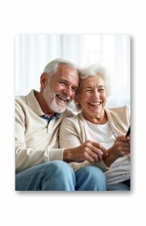 Happy senior couple laughing, watching TV, holding remote control. Elderly man, woman enjoy leisure time, home entertainment, relax, smile. Wife, husband enjoy cozy, comfortable atmosphere.