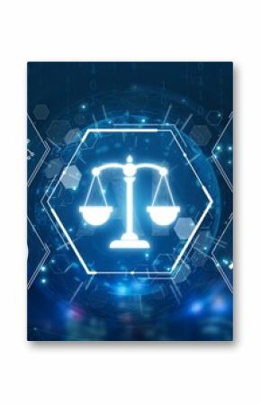 Futuristic digital law interface displaying justice scale, highlighting digital law, AI compliance, digital law systems, and digital law regulations for secure governance. Muxer