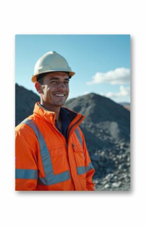 Smiling FIFO worker wearing safety helmet, high visibility orange jacket. Man at mining site, construction industry, natural resources, wearing uniform. Focus on male employee in front of rock pile,
