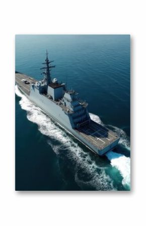 Aerial shot of military navy ship in open sea. Amphibious warship moves at high speed with white trail. Naval transport vehicle for military operations, assault force. Blue ocean.
