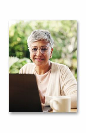 Senior woman, laptop and smile at house of finance report, loan application and review budget. Elderly person, reading and PC of mortgage payment, expenses information and balance account in backyard
