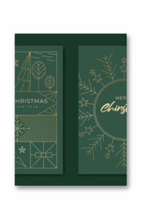 Luxury christmas invitation card art deco design vector. Christmas tree, bauble ball, snowflake, reindeer line art on green background. Design illustration for cover, poster, wallpaper.