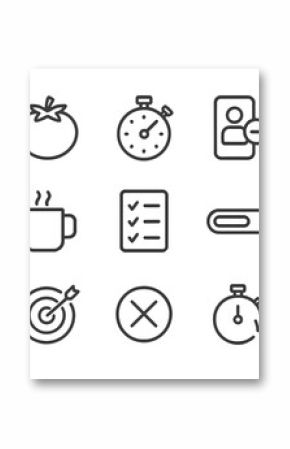 Productivity Icon Set. Outline icon set of productivity techniques and Pomodoro: tomato timer, stopwatch, focus mode icon, break